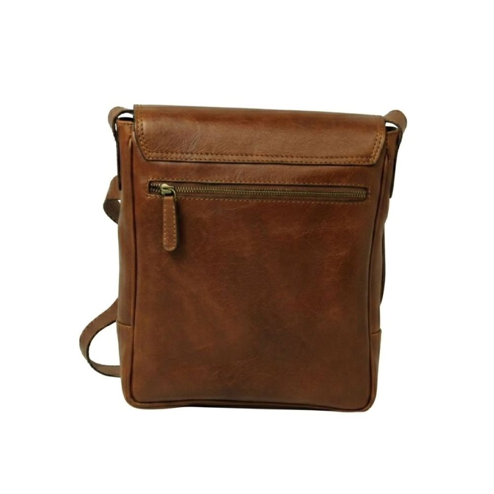 Borsa a tracolla in pelle color castagna, vista posteriore con una tasca con zip