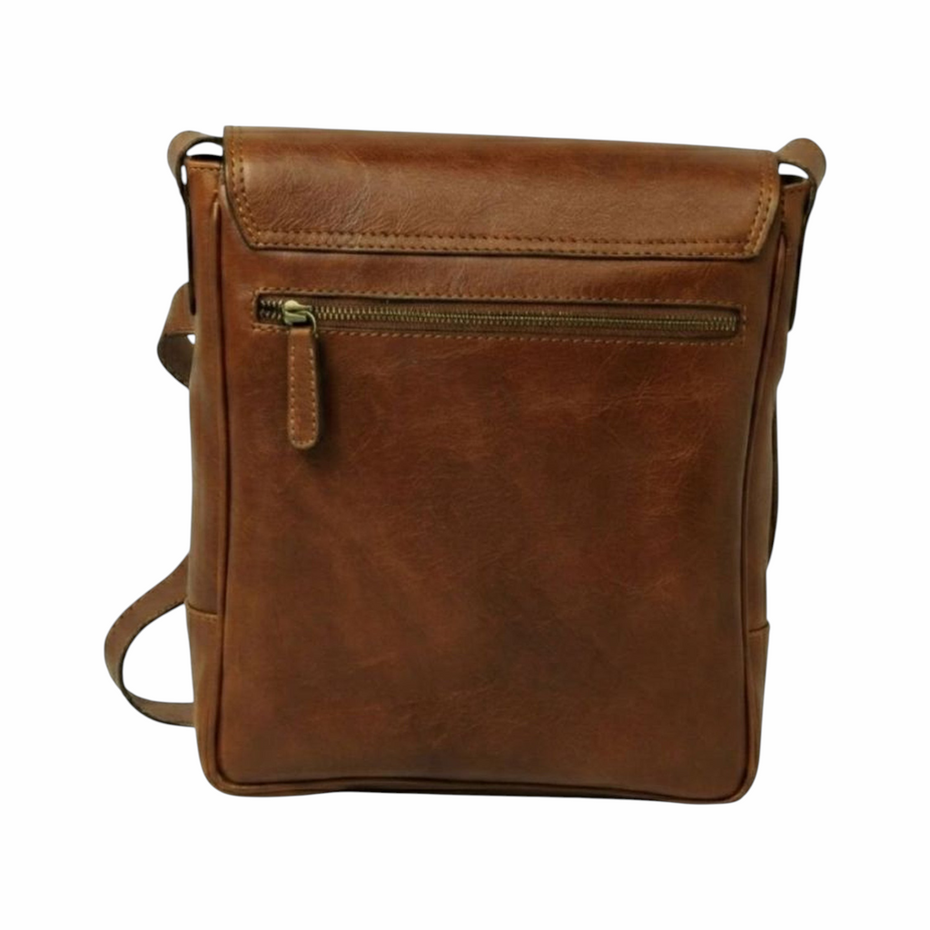 Borsa a tracolla in pelle color castagna, vista posteriore con una tasca con zip