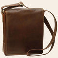 Borsa a tracolla in pelle marrone scuro con patta e scomparto per iPad