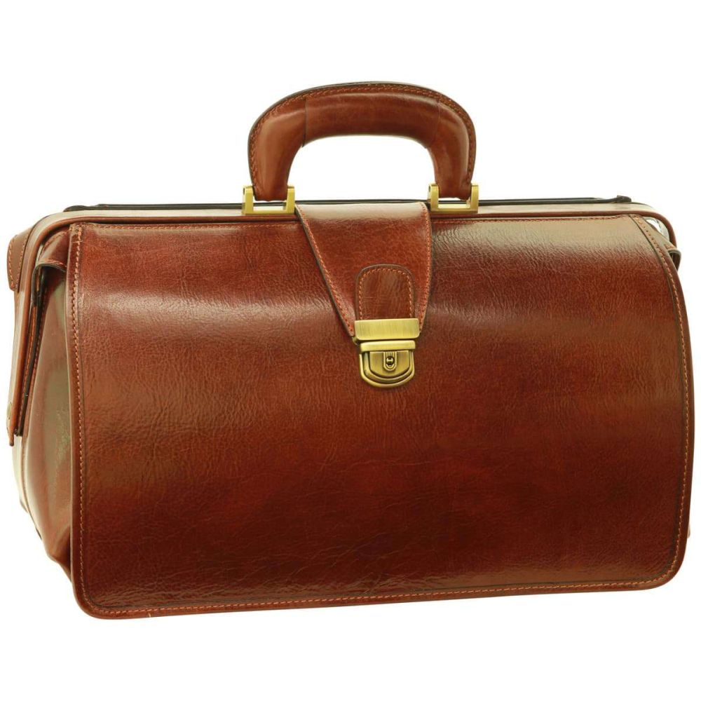 Borsa da medico in pelle marrone, manici superiori e chiusura centrale dorata.