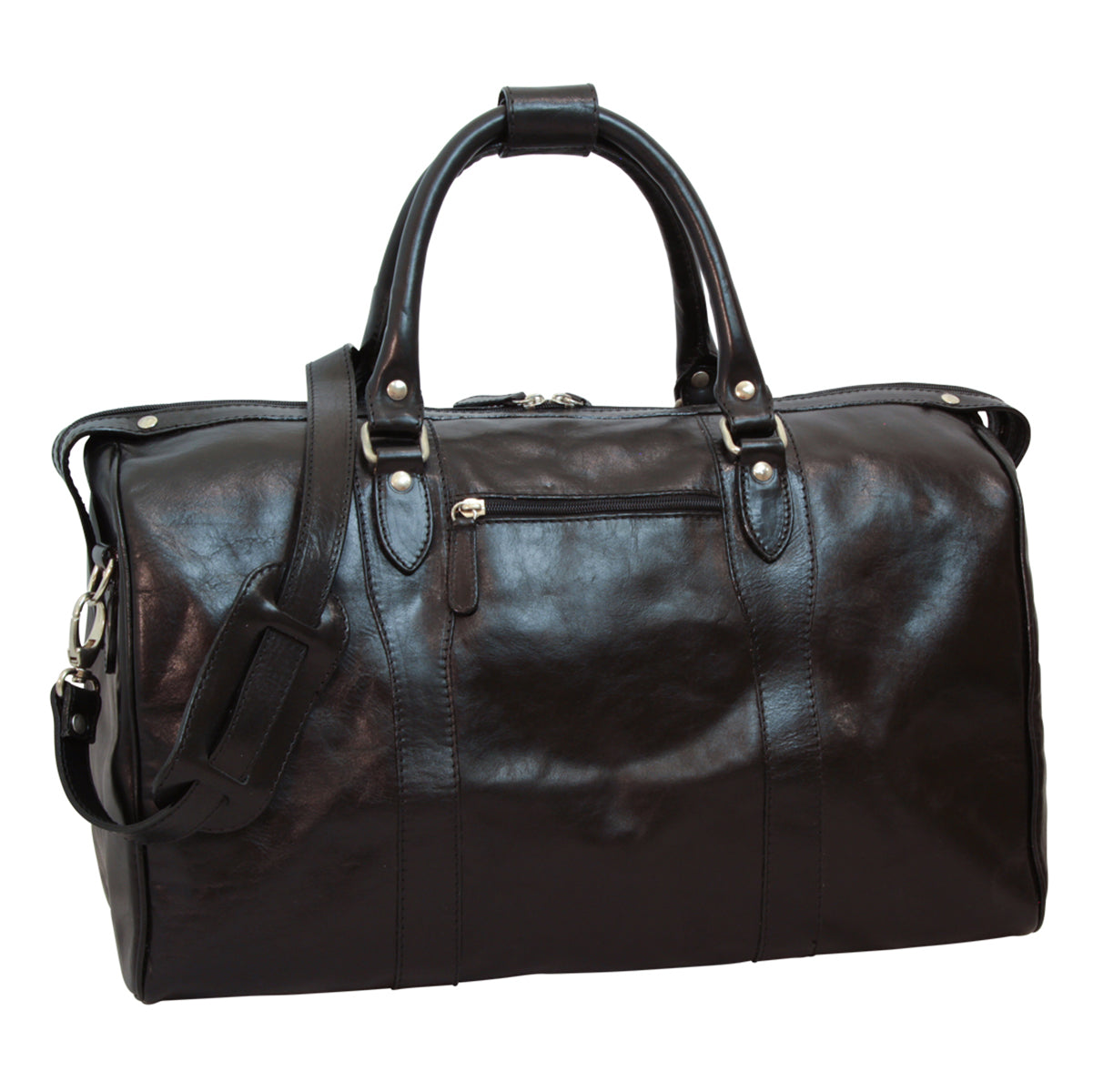 Borsa da viaggio in pelle nera da uomo, manici e tracolla, chiusura con zip.