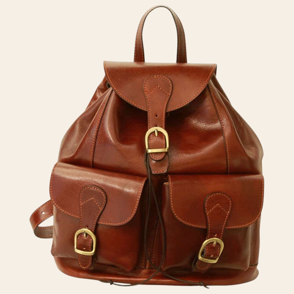 Zaino marrone in pelle di vitello con 2 tasche frontali e fibbie in metallo