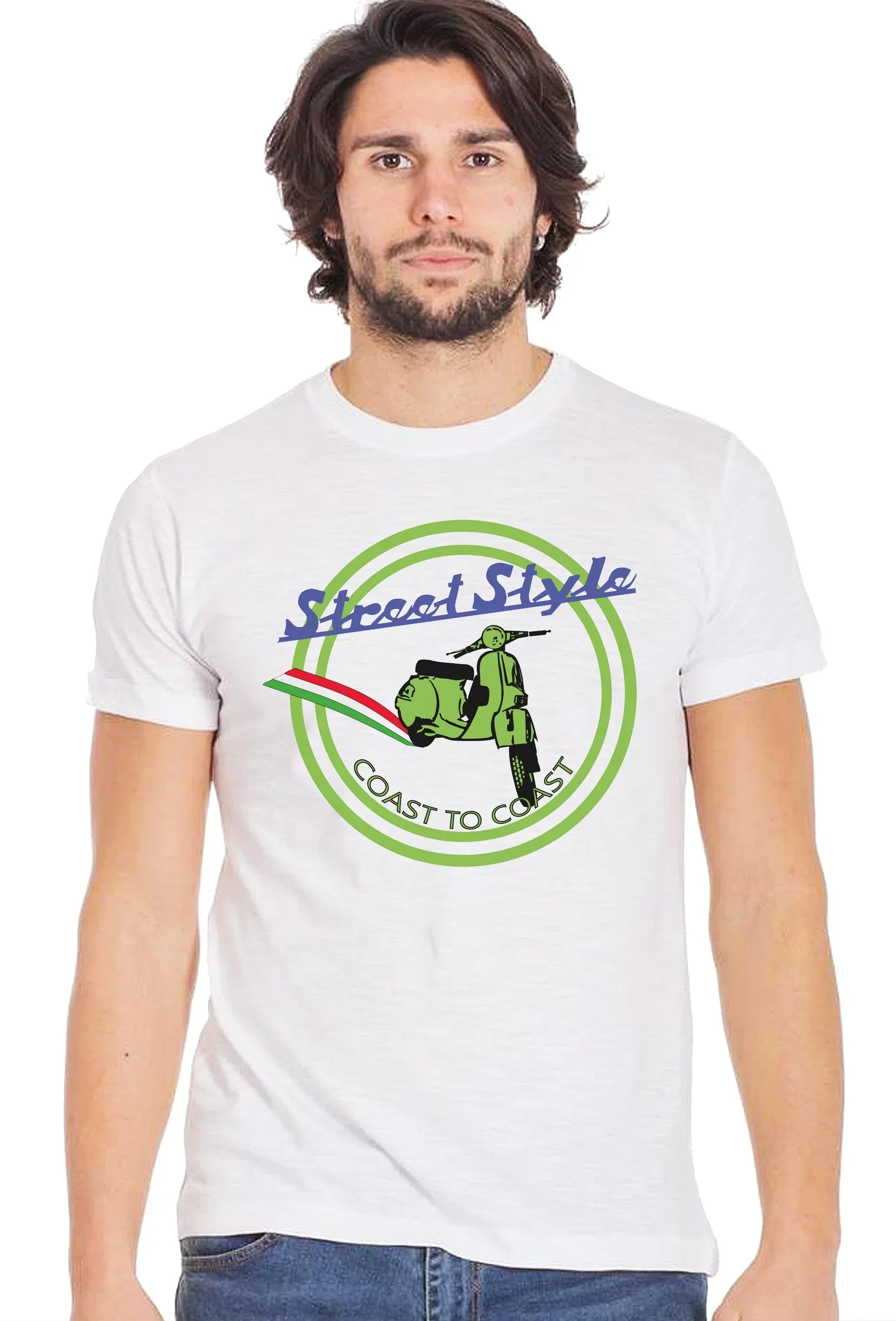 T-shirt street style vespa uomo con grafica colorata, ideale per uno stile urbano e casual.
