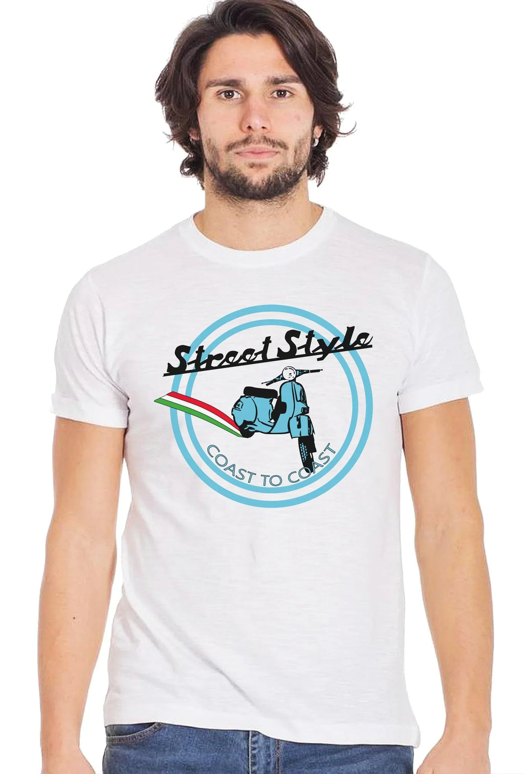 T-shirt street style vespa uomo con grafica di vespa, stile urbano, ideale per ogni occasione casual.