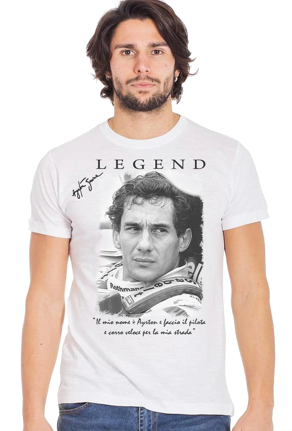 T-Shirt Ayrton Senna The Legend - Cotone Fiammato Uomo con grafica di Ayrton Senna e testo ispiratore.