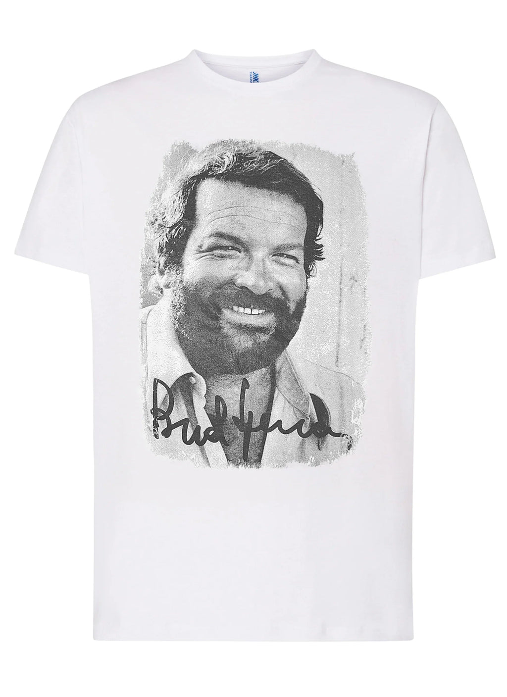 T-shirt Bud Spencer Banana Joe con foto e firma di Bud Spencer su sfondo bianco, ideale per gli amanti del cinema.