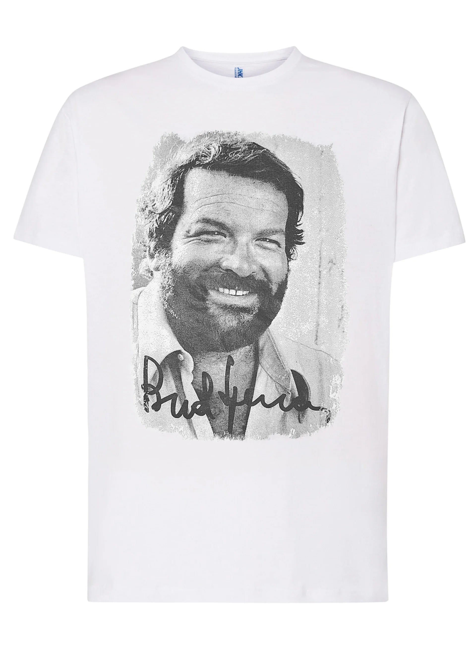 T-shirt Bud Spencer Banana Joe con foto e firma di Bud Spencer su sfondo bianco, ideale per gli amanti del cinema.
