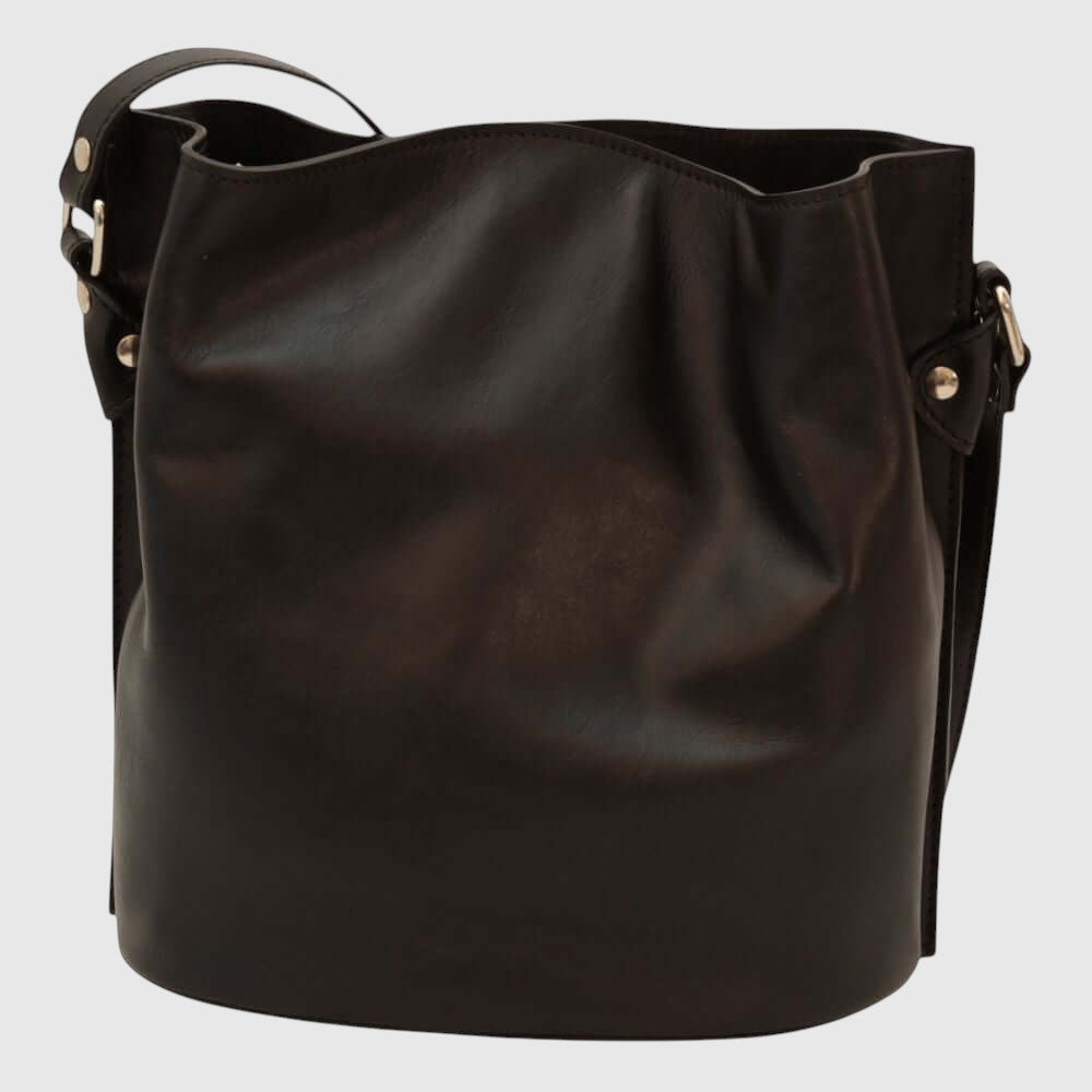 Borsa a tracolla in pelle nera con bordi arrotondati e manici laterali