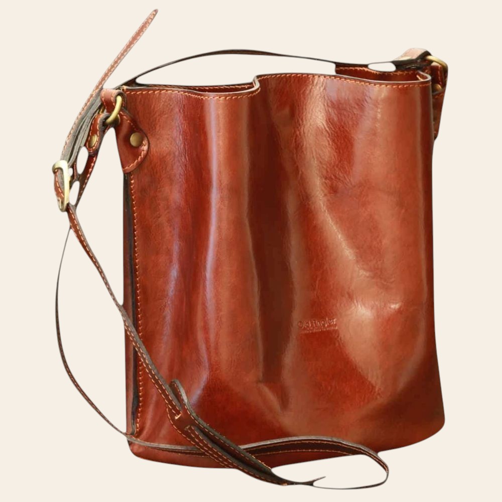 Borsa a tracolla in pelle marrone con tracolla e chiusura laterale, Mod. 2054