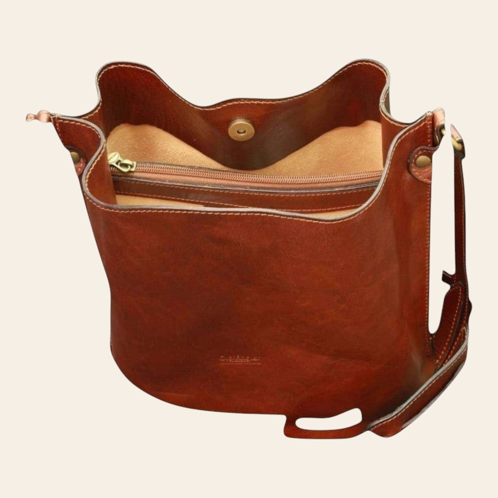Borsa a tracolla in pelle marrone con apertura superiore e interno beige