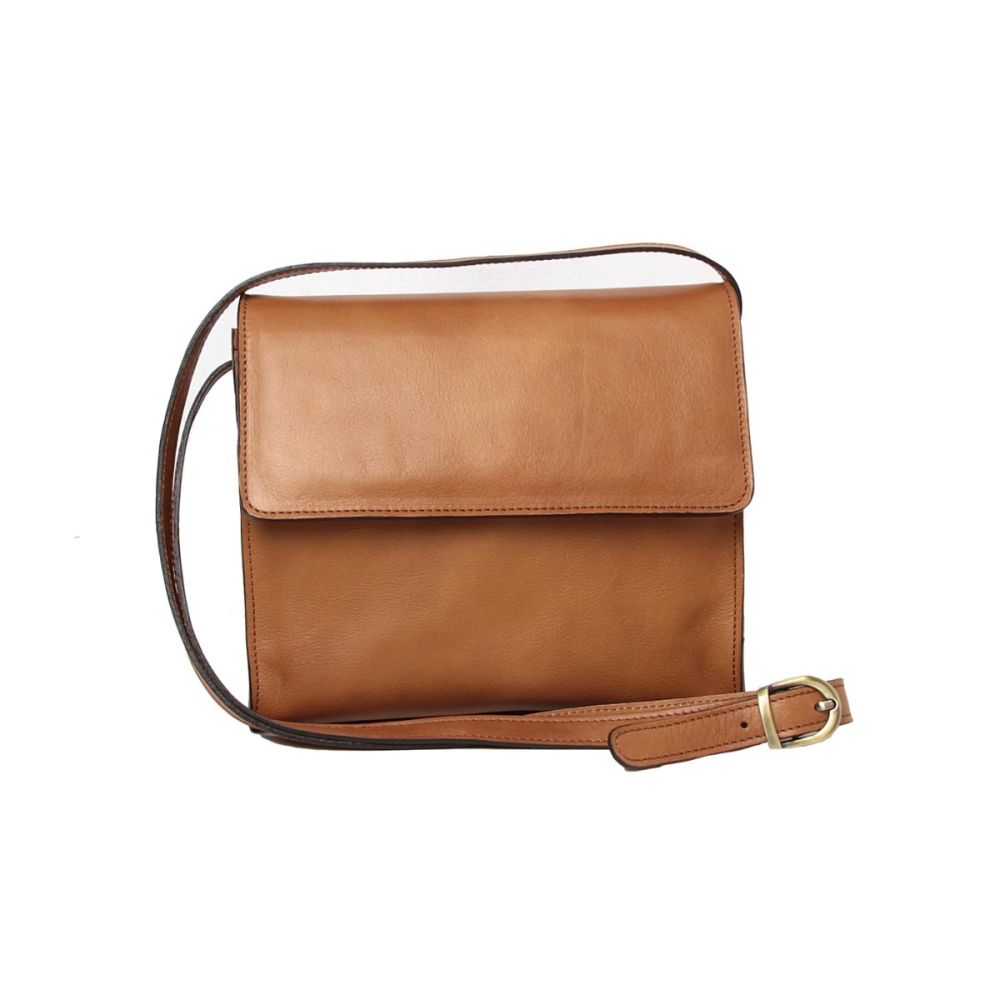 Borsa tracolla in pelle marrone con patta e cinturino regolabile, fibbia in metallo