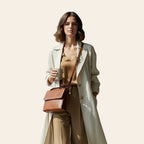 Borsa a tracolla in pelle color teak con patta frontale e tracolla in cuoio.