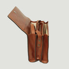 Borsa a tracolla in pelle teak, sportello aperto con interno e tasche laterali.