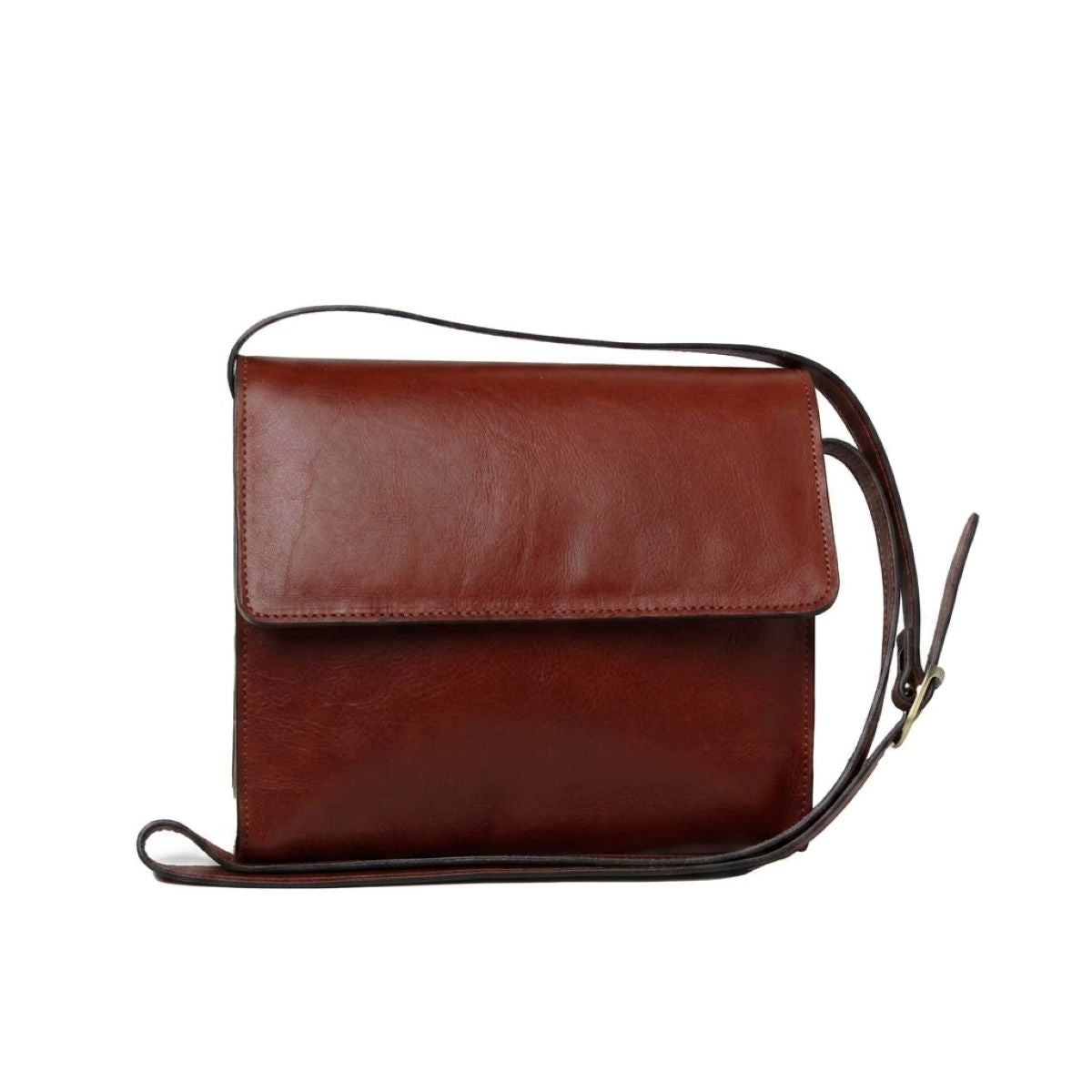 Borsa a tracolla in pelle di vitello pieno fiore color mogano, elegante e pratica con tracolla removibile.