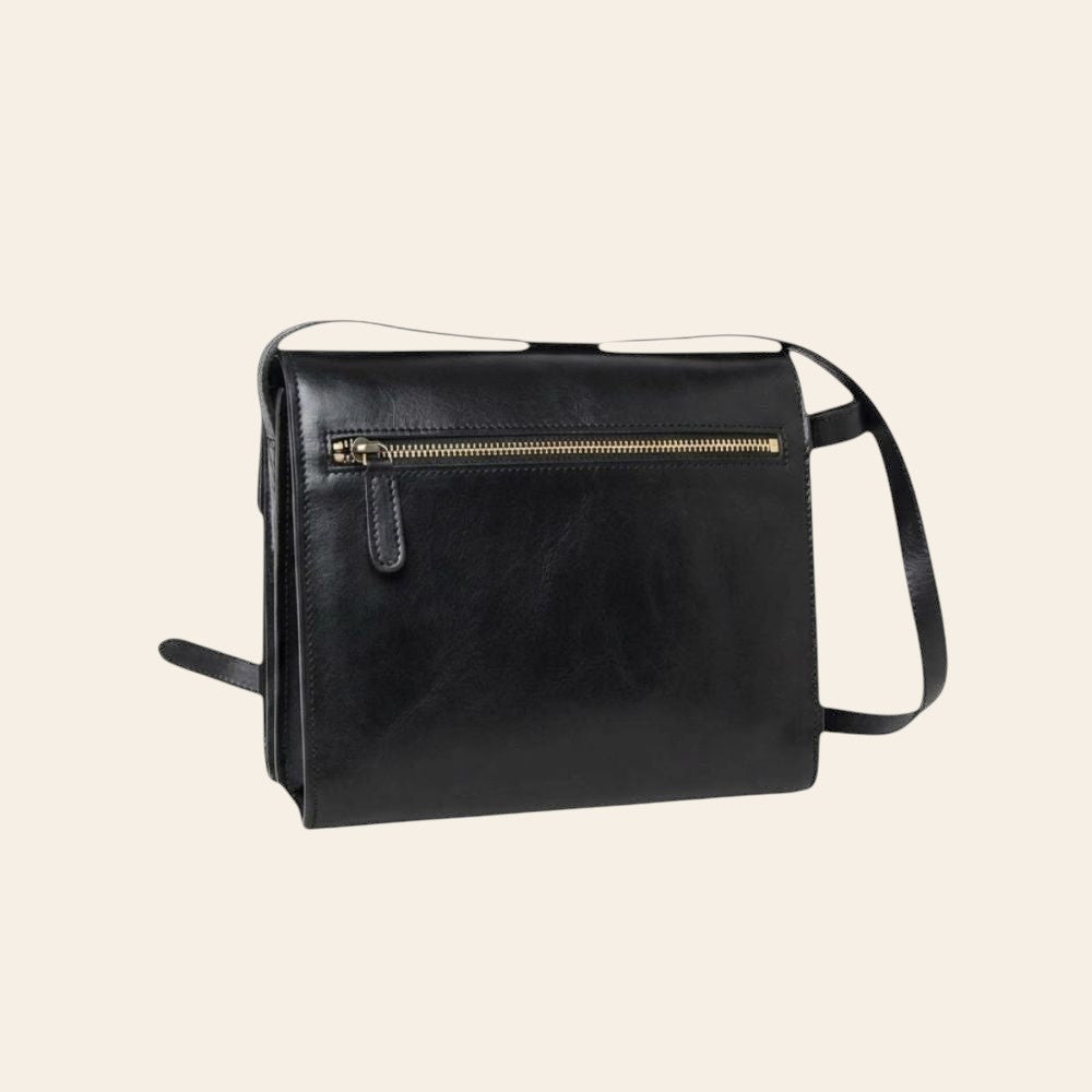 Borsa a tracolla Old Angler nera: zip dorata sul davanti e tasca visibile