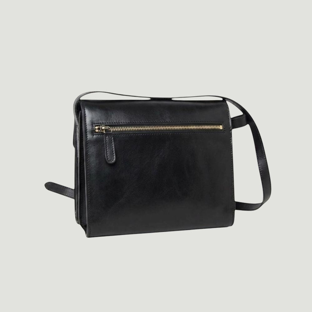 Borsa a tracolla nera in vitello fiore pieno con zip dorata sulla parte superiore