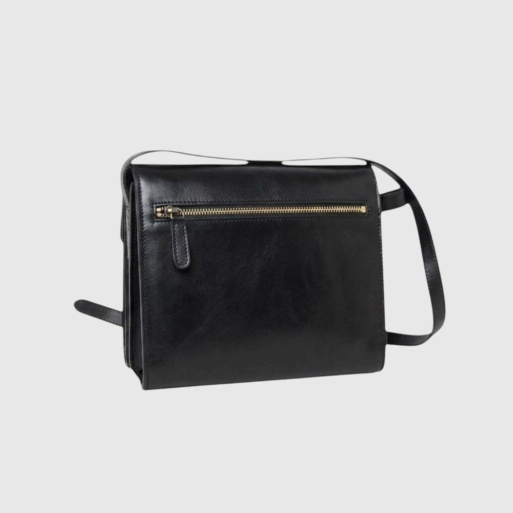 Borsa a tracolla nera in vitello fiore pieno con zip dorata sulla parte superiore