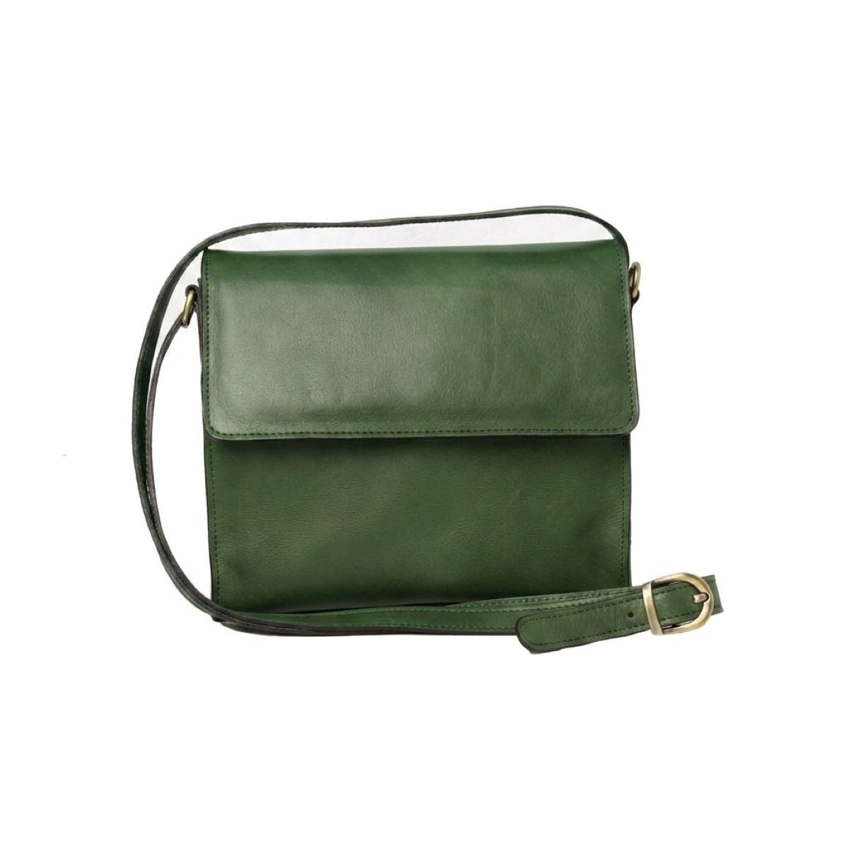 Borsa a tracolla in pelle di vitello verde, elegante e versatile, con tracolla removibile e chiusura a zip.