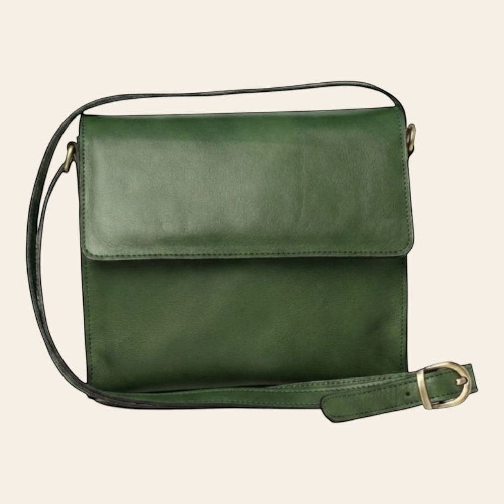 Borsa a tracolla in vitello pieno fiore verde con pattina e tracolla
