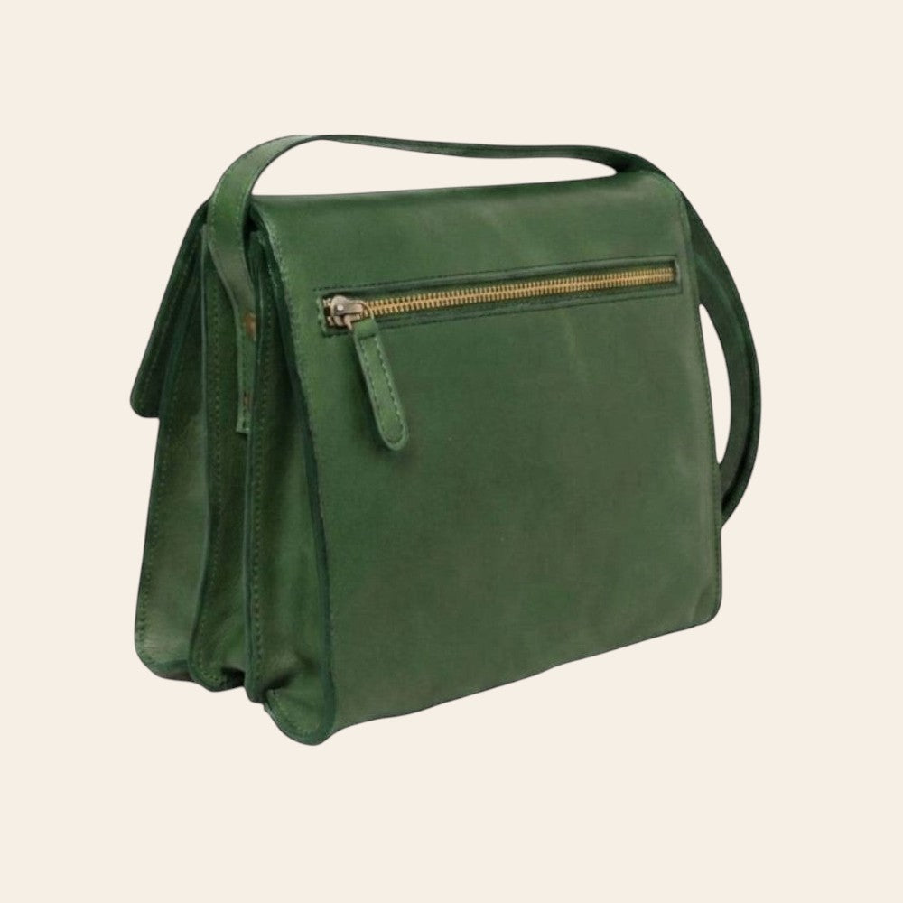 Borsa a tracolla verde in vitello pieno fiore con zip superiore e spallacci