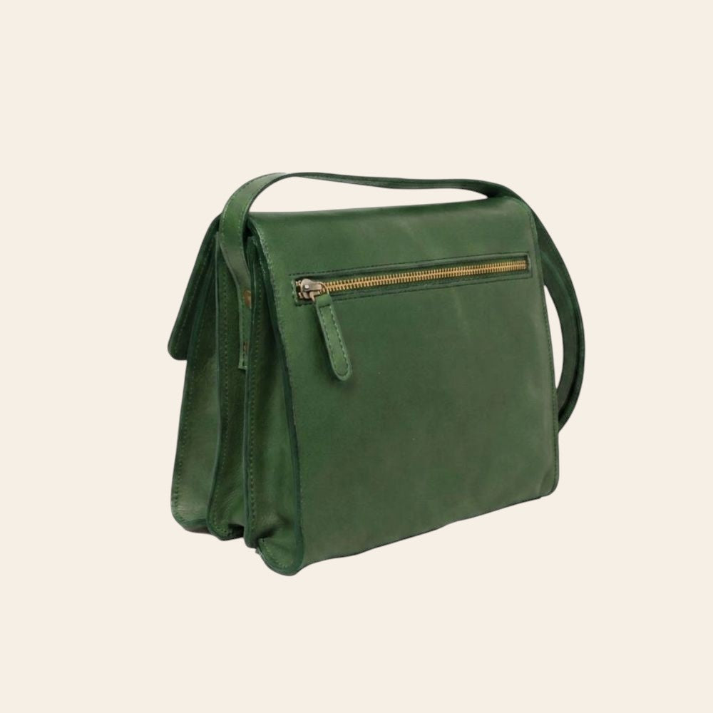 Borsa a tracolla verde in vitello pieno fiore con zip superiore e spallacci