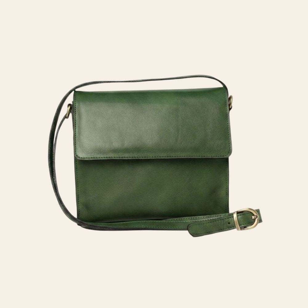 Borsa a tracolla in vitello pieno fiore verde con pattina e tracolla