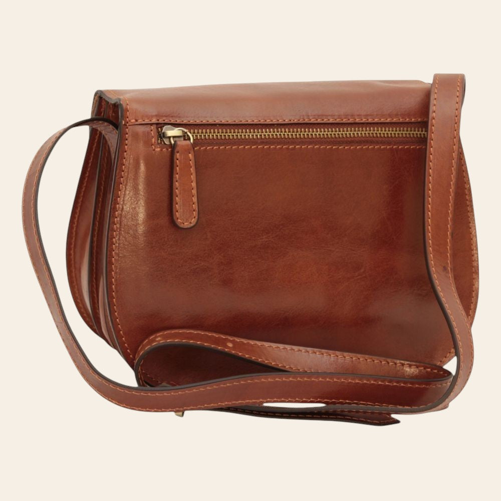 Borsa a tracolla in vitello pieno fiore marrone con zip frontale e tracolla