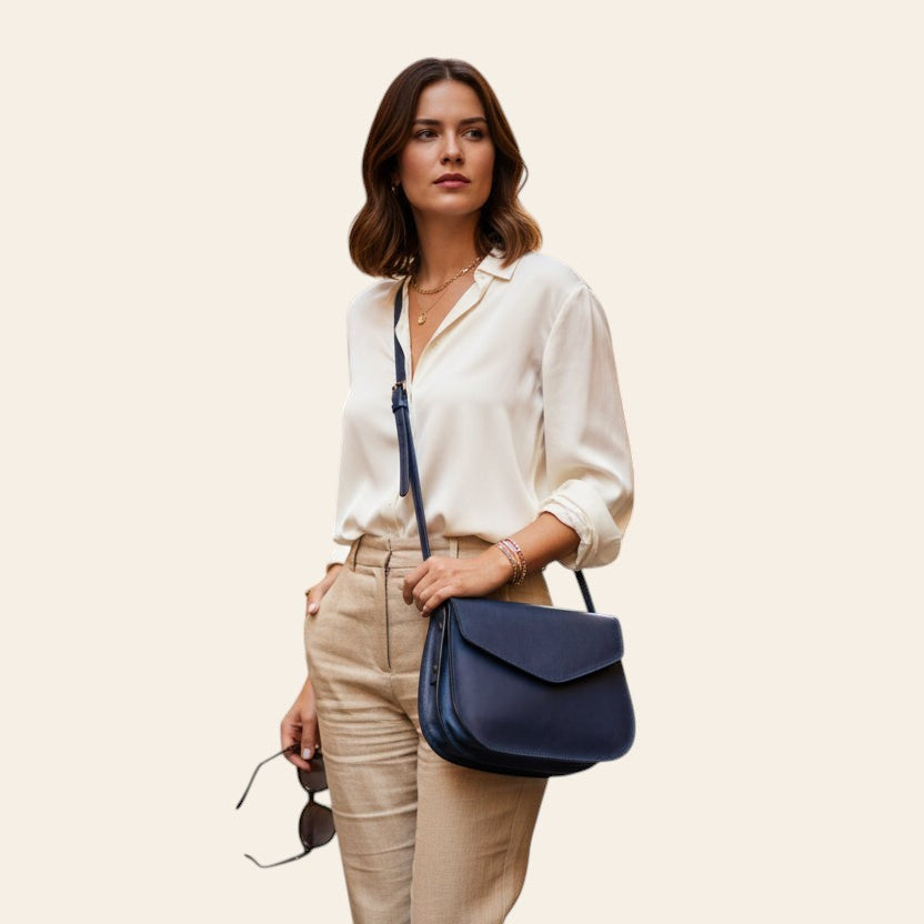 Borsa a tracolla blu in vitello pieno fiore con tracolla regolabile