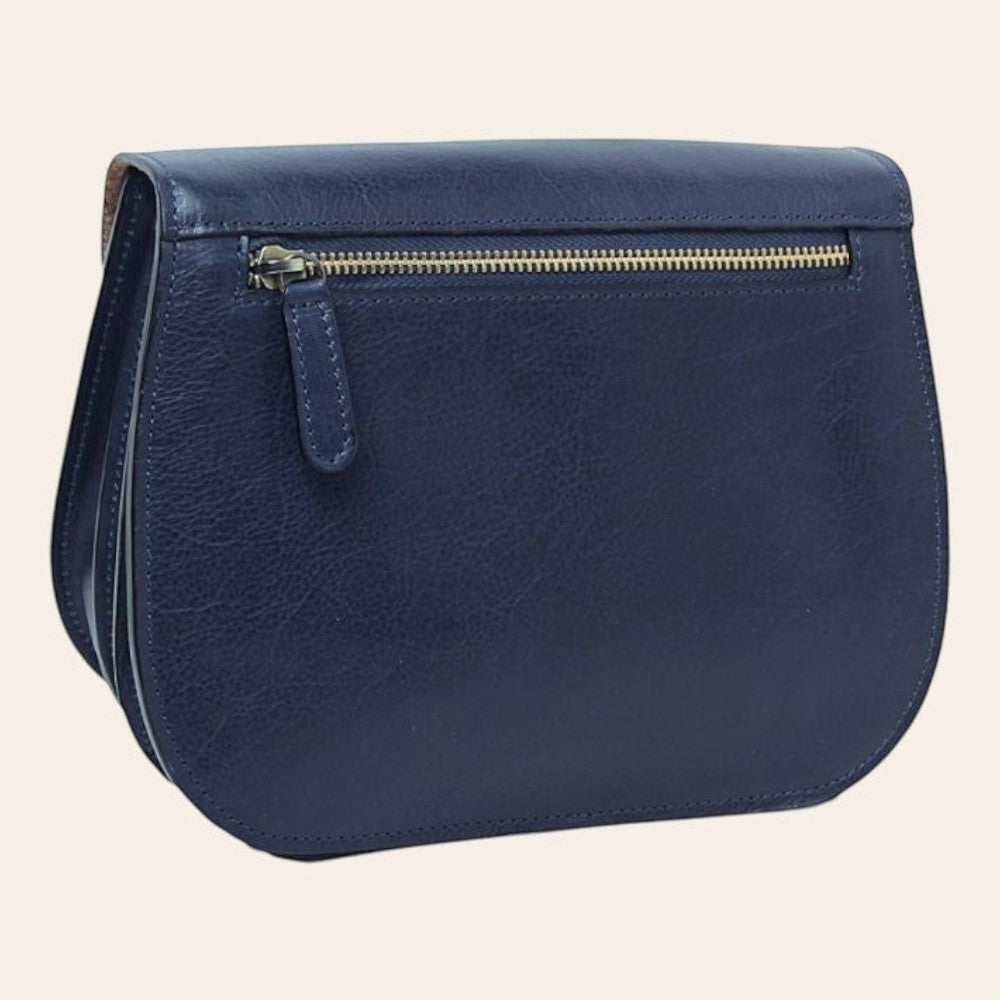 Borsa a tracolla in vitello blu con zip dorata e pattina frontale