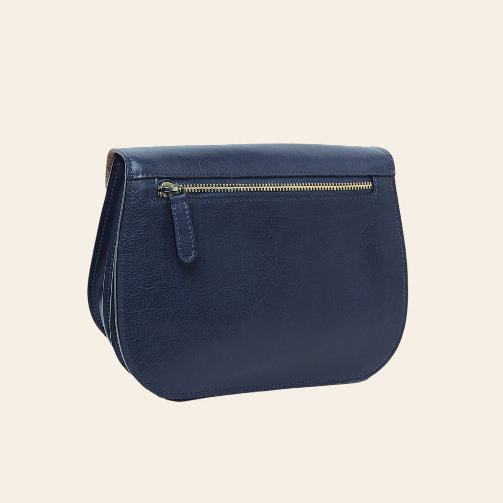 Borsa a tracolla in vitello pieno fiore blu con zip e patta frontale