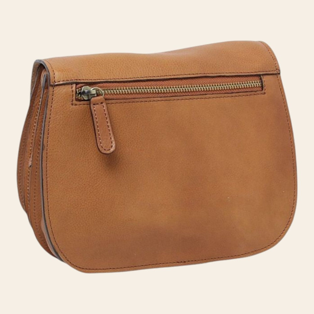 Borsa a tracolla in vitello pieno fiore marrone coloniale con patta e zip superiore