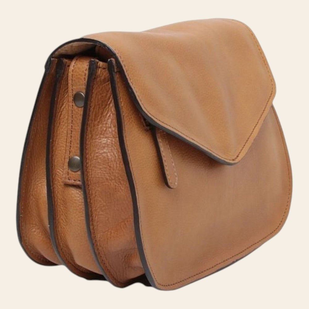 Borsa a tracolla in vitello pieno fiore marrone coloniale con patta e chiusura a bottone