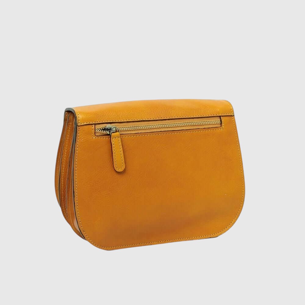 Borsa a tracolla piccola in pelle ocra con zip superiore e tracolla