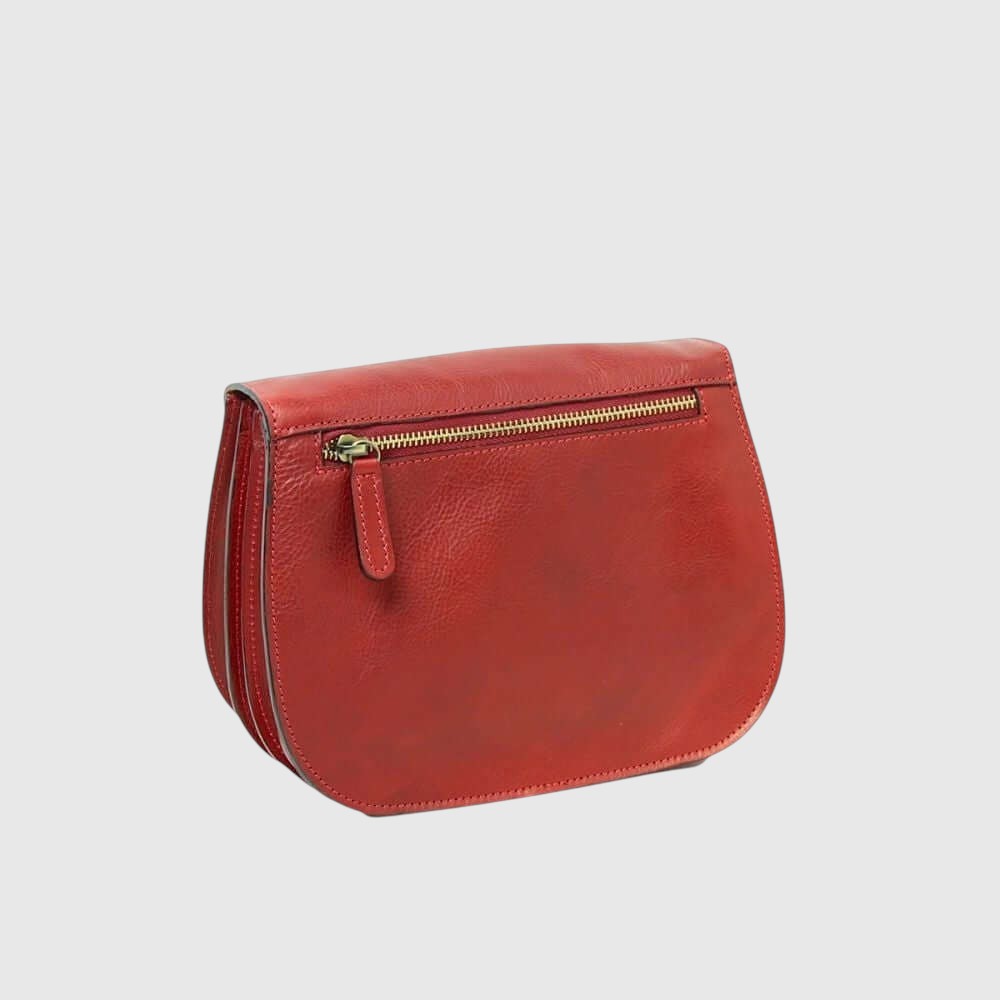 Borsa tracolla piccola in pelle rossa con zip frontale e tirante verde