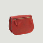 Borsa tracolla piccola in pelle rossa con zip frontale e tirante verde