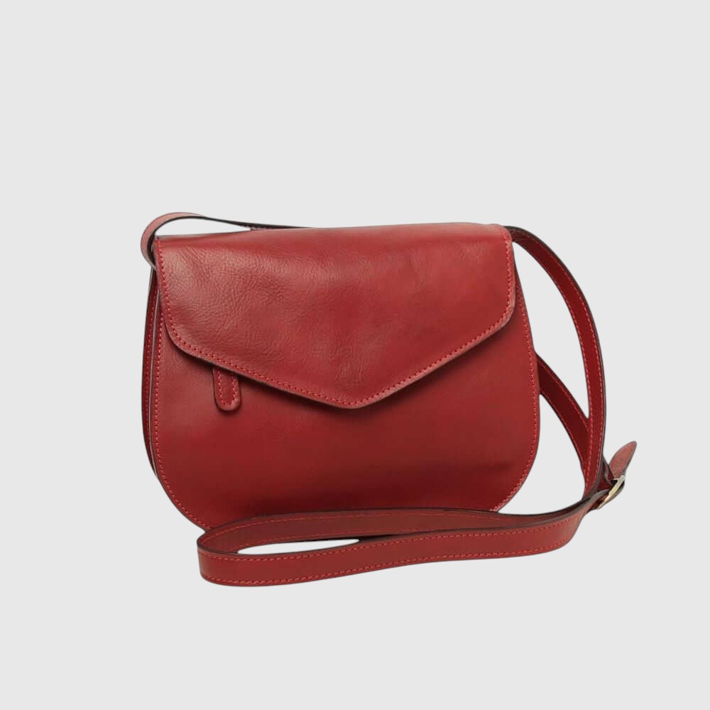 Borsa tracolla piccola in pelle rossa con patta frontale e tracolla