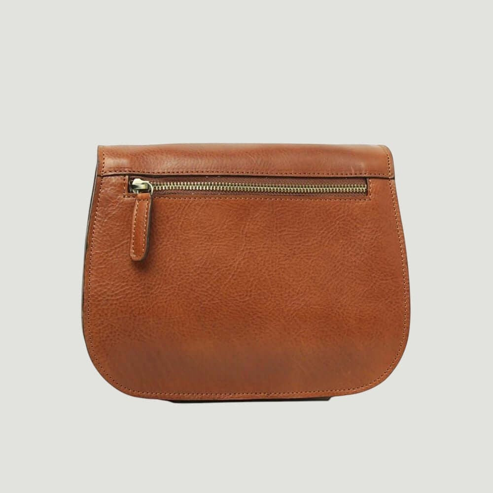 Borsa a tracolla in pelle piccola marrone con tasca frontale e zip verde