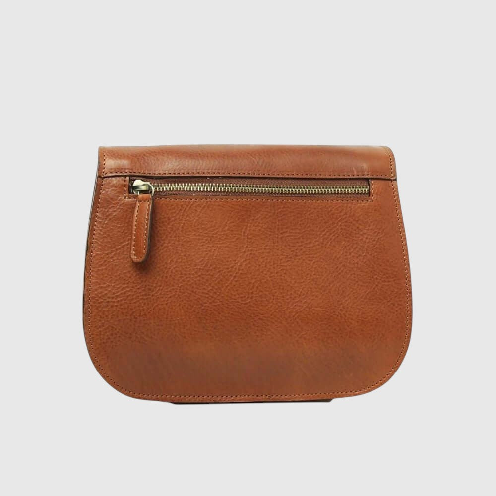 Borsa a tracolla in pelle piccola marrone con tasca frontale e zip verde