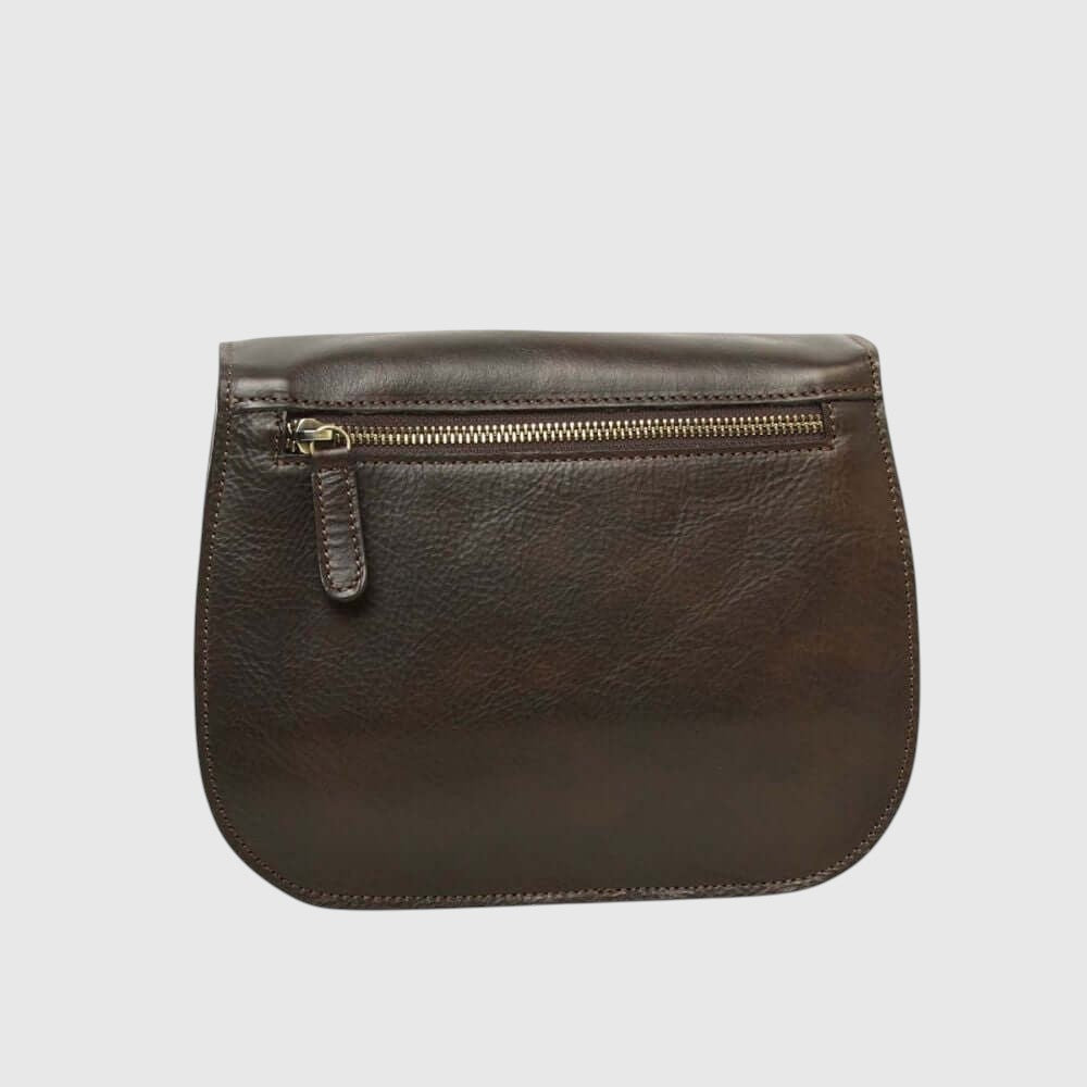 Borsa a tracolla in vitello pieno fiore marrone con zip frontale