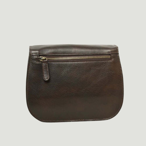 Borsa a tracolla in vitello pieno fiore marrone con zip frontale