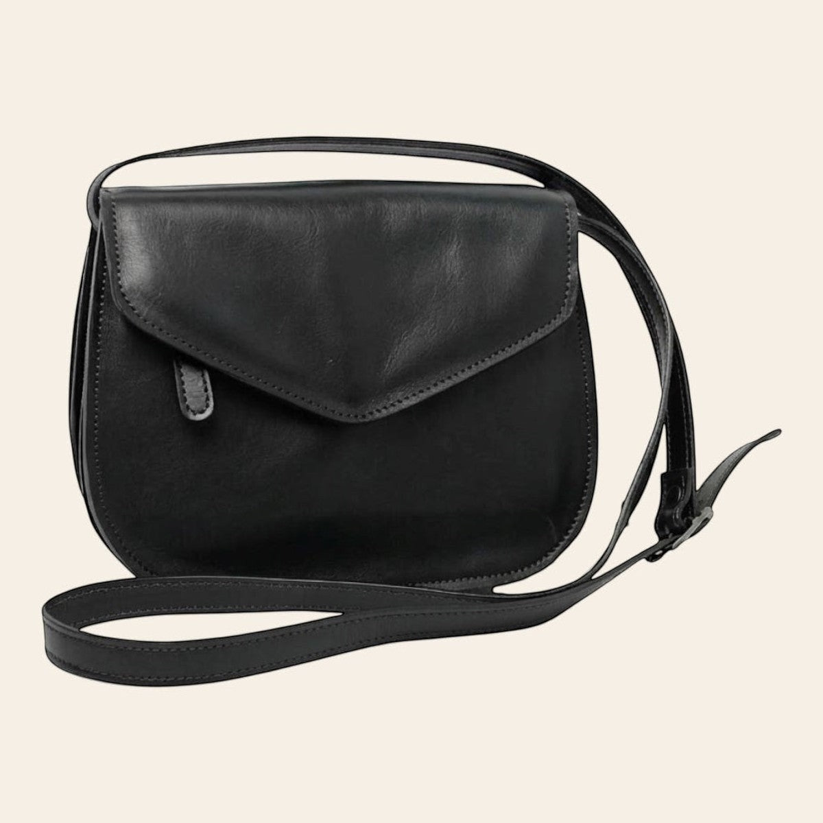 Borsa a tracolla in vitello pieno fiore nera Old Angler, tracolla regolabile