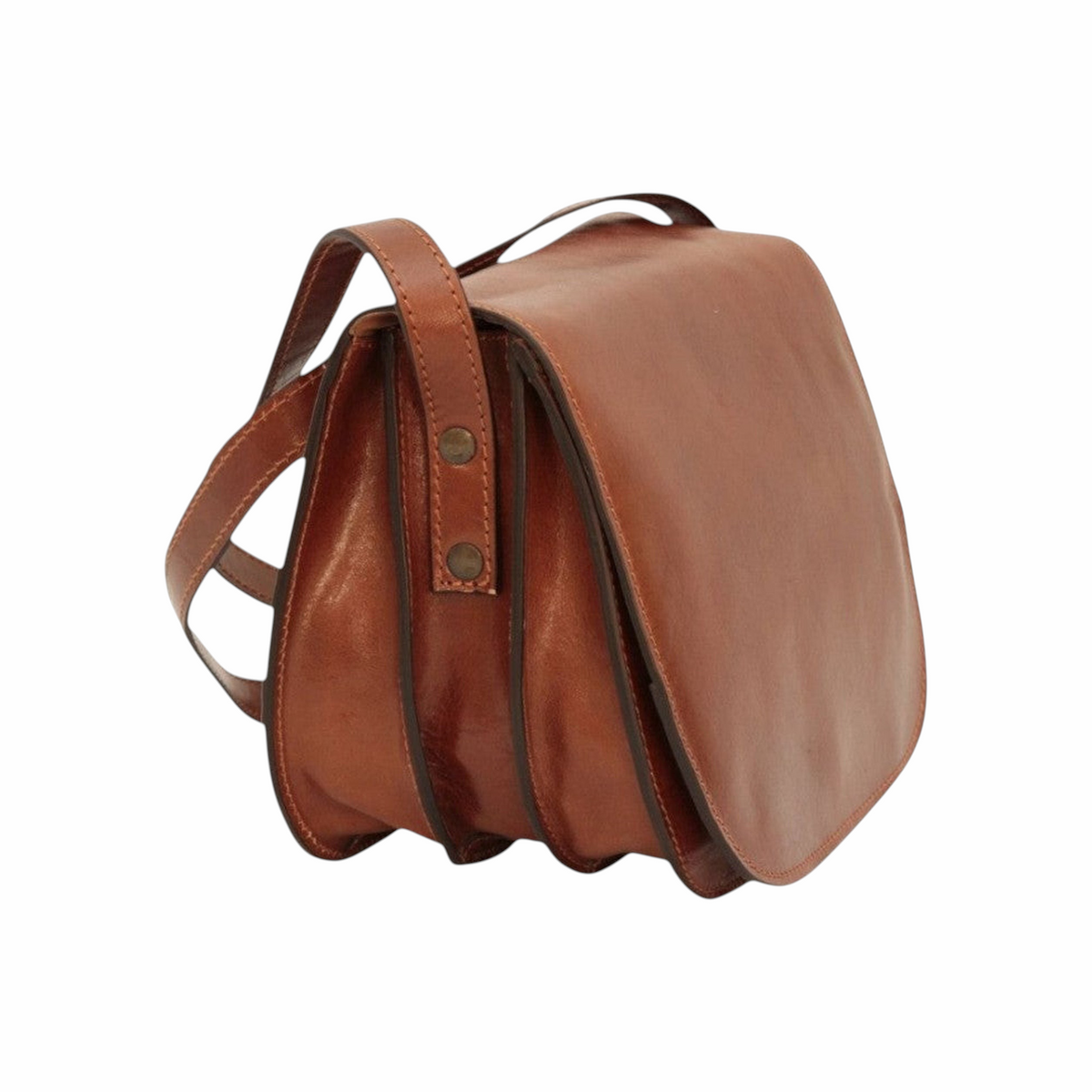 Borsa a tracolla in pelle marrone; vista laterale a tre quarti con tre scomparti a soffietto, due bottoni metallici laterali e tracolla