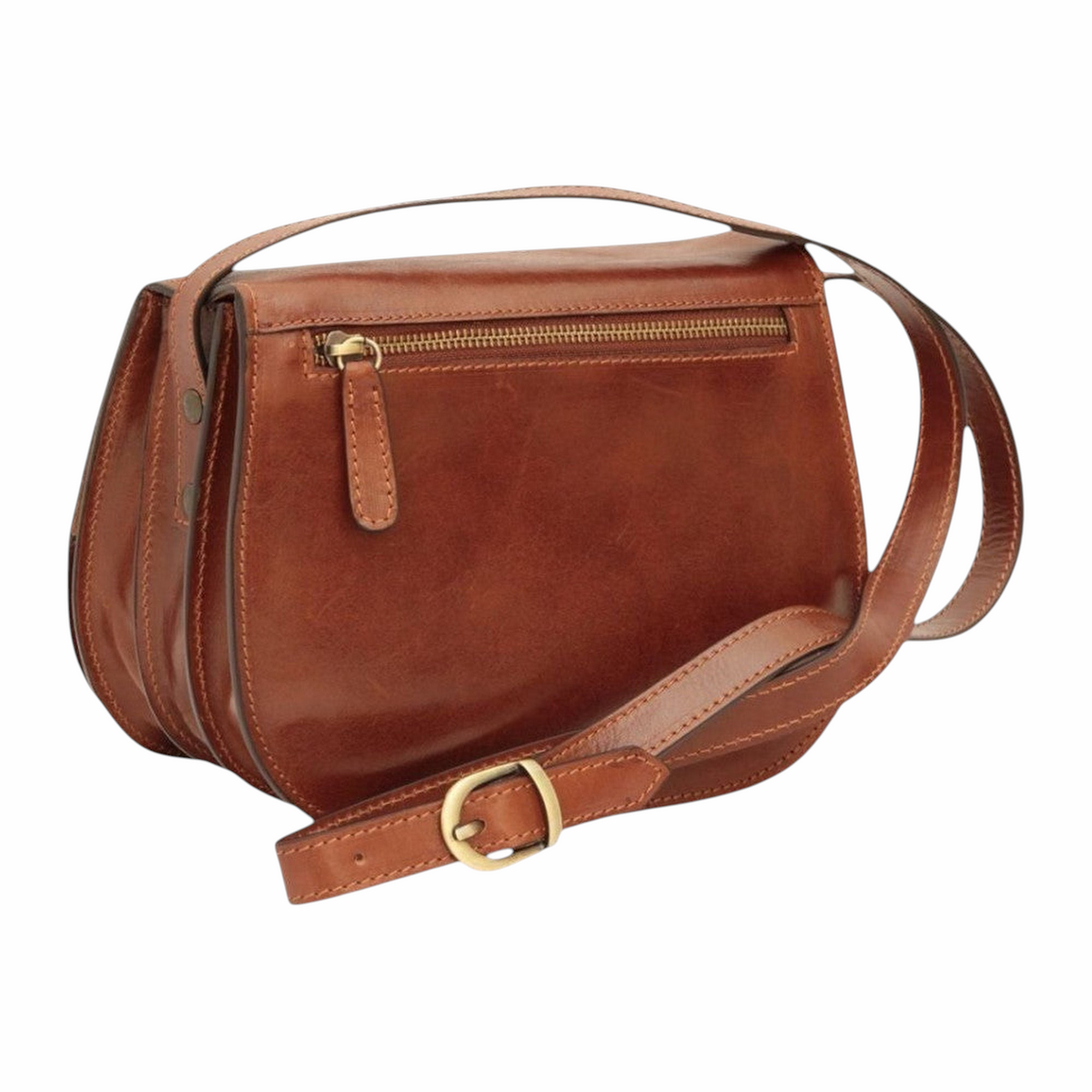 Borsa a tracolla in pelle marrone; vista posteriore a tre quarti con tasca posteriore con zip e tracolla regolabile