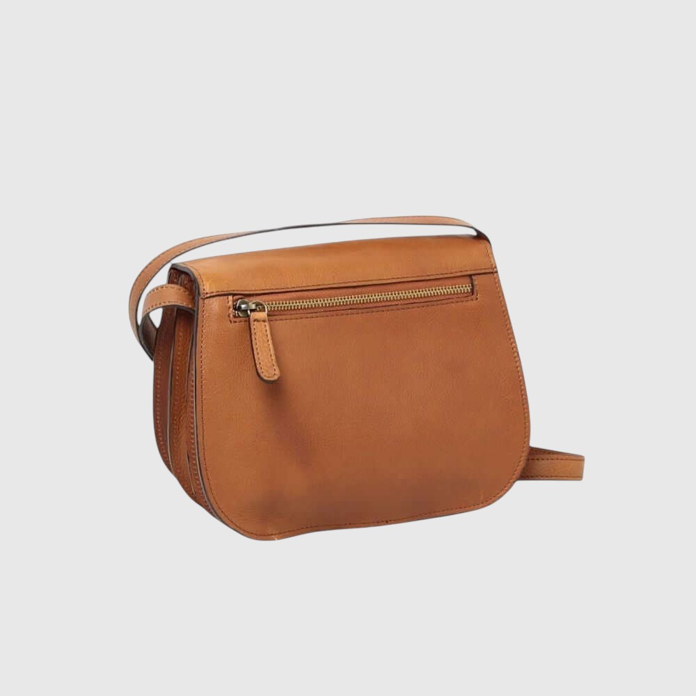 Borsa a tracolla in pelle cuoio con zip frontale e tracolla regolabile.