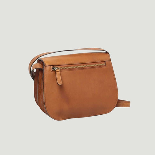Borsa a tracolla in pelle cuoio con zip frontale e tracolla regolabile.