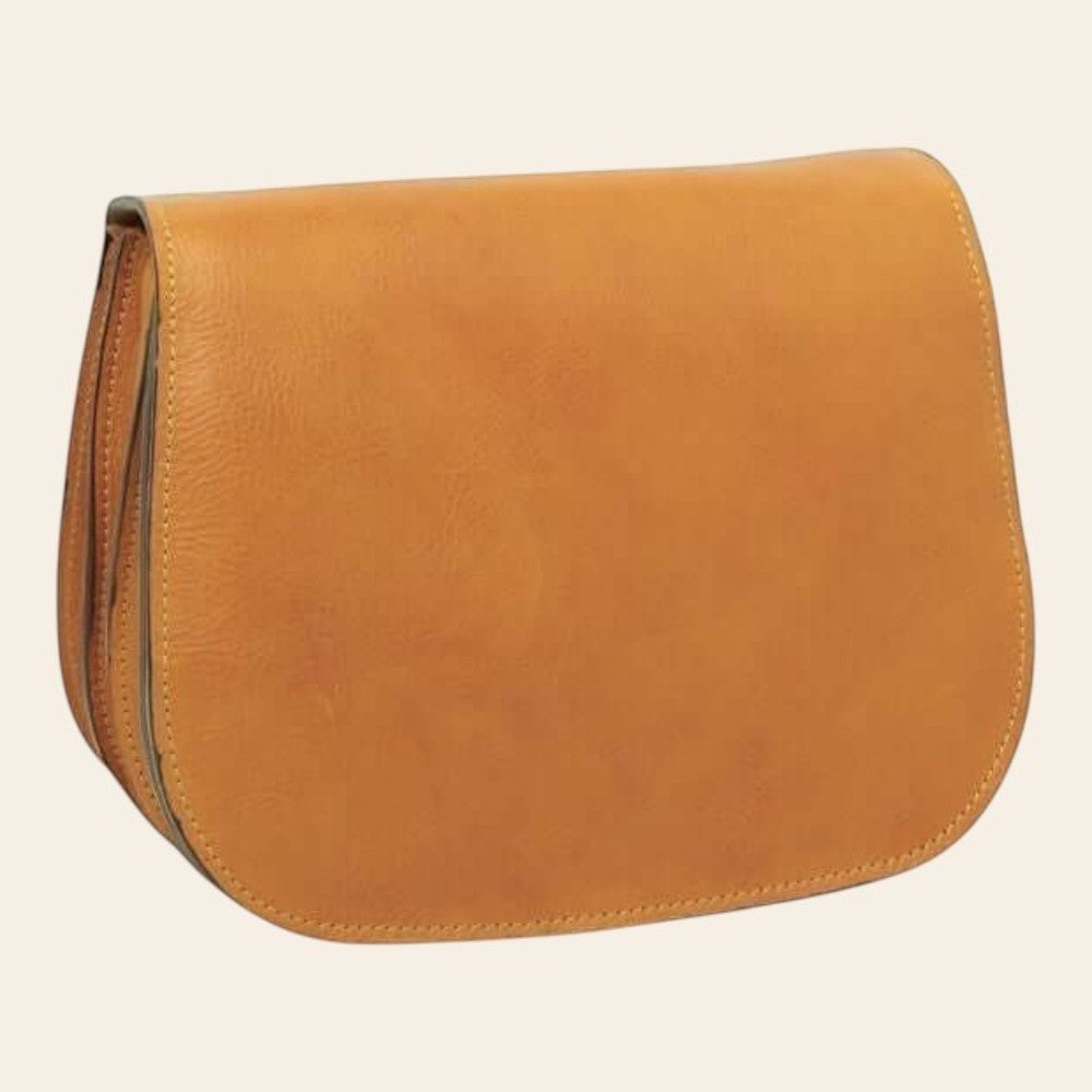 Borsa a tracolla in pelle ocra Old Angler vista posteriore, bordo sagomato e struttura