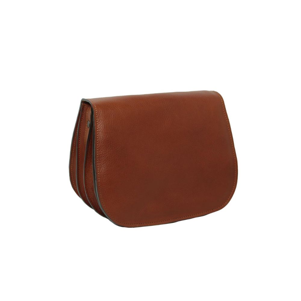 Borsa tracolla in pelle marrone con chiusura sul lato e finiture scure