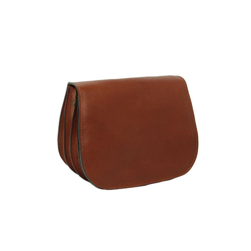Borsa tracolla in pelle marrone con chiusura sul lato e finiture scure