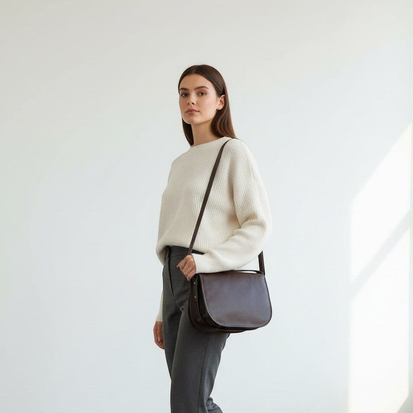 Sac bandoulière femme en cuir de veau pleine fleur-Marron foncé