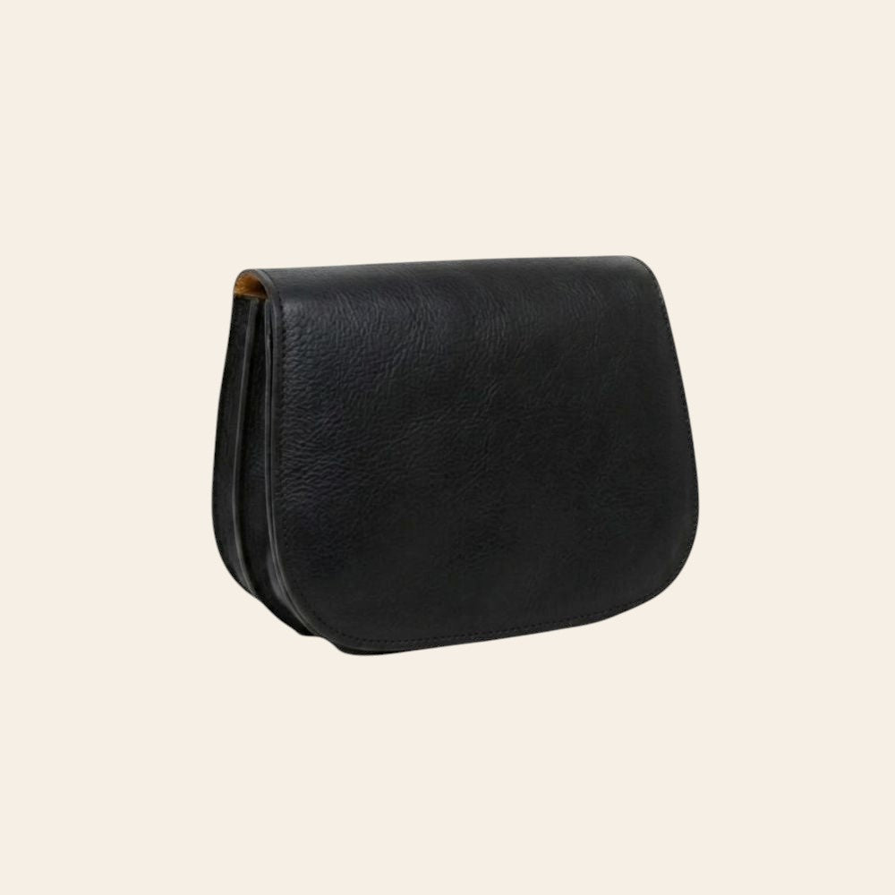Borsa a tracolla in pelle nera con patta e bordo arrotondato
